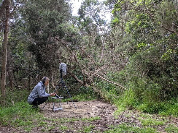 Madelynne Cornish, recording with ambisonic microphone at McClelland for Site & Sound: Sonic art as ecological practice.