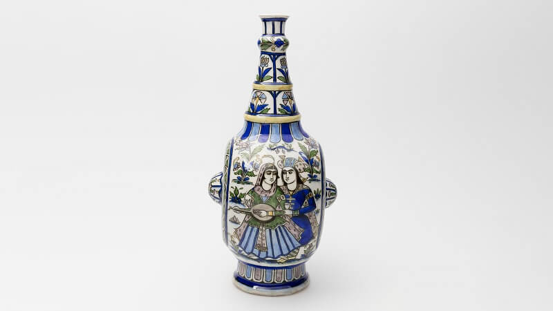 A wine jar designed by Persian artisans on view in ‘Iranzamin’ a survey exhibition of Persian art at the Powerhouse Museum.