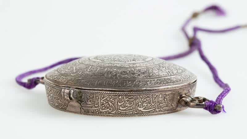 A war amulet designed by Persian artisans on view in  ‘Iranzamin’ a survey exhibition of Persian art at the Powerhouse Museum.